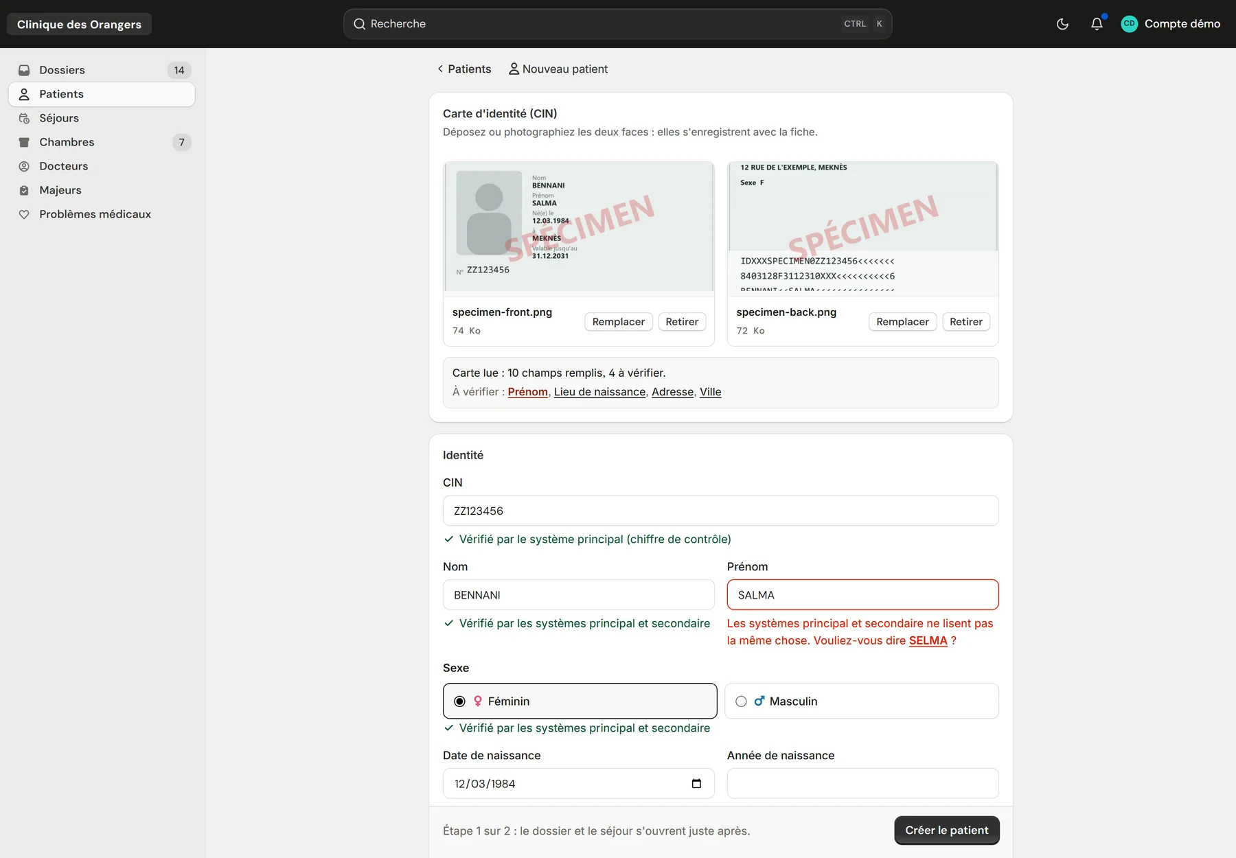 La page Nouveau patient remplie à partir d'une carte