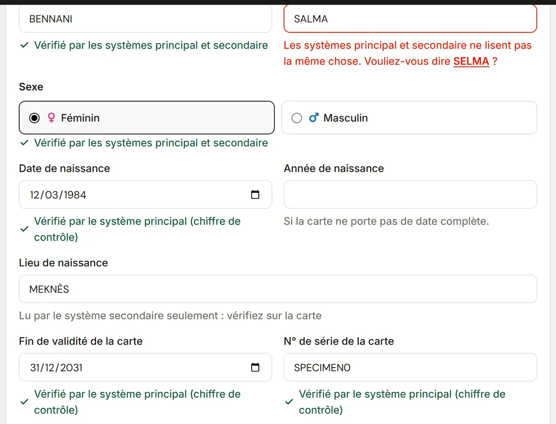 Les champs de la fiche avec le verdict de chaque lecture