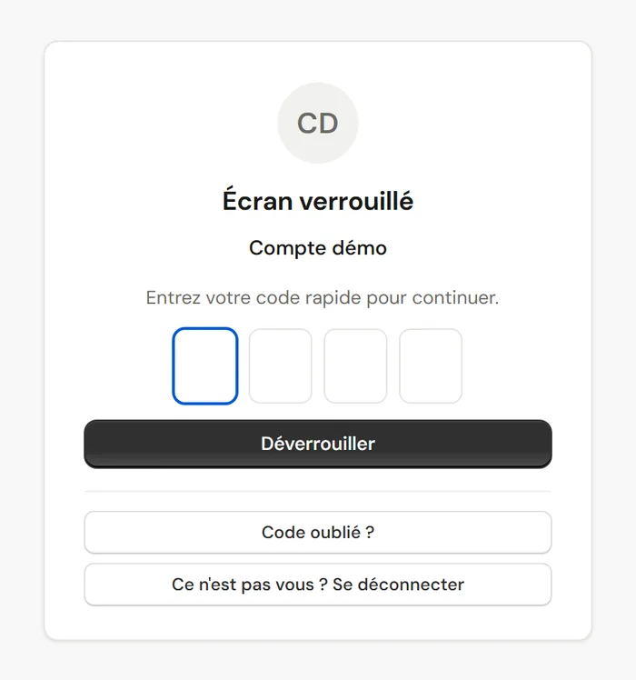 L'écran verrouillé de ClinicareOS, qui demande le code rapide à 4 chiffres