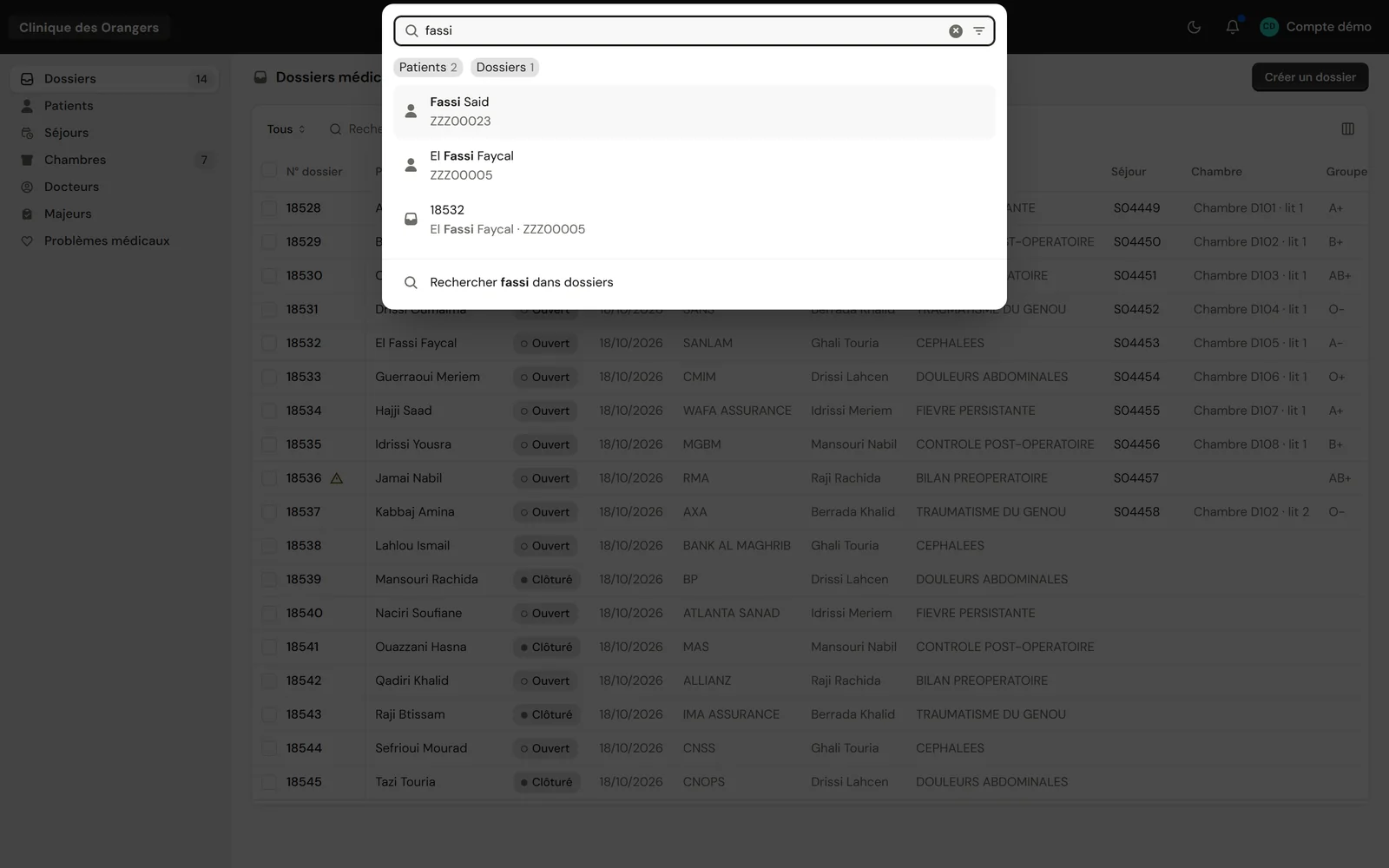La recherche ouverte au-dessus de la liste des dossiers